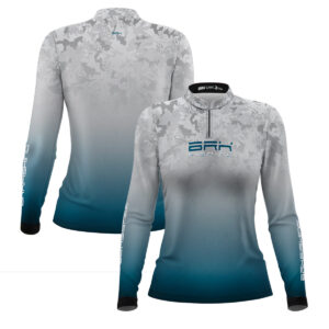 Camisa Feminina de Pesca Brk Cinza e Azul Camuflado com Proteção UV50+