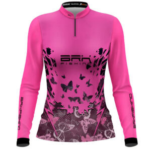 Camisa Feminina de Pesca  Brk Rosa com Borboletas Proteção UV50+