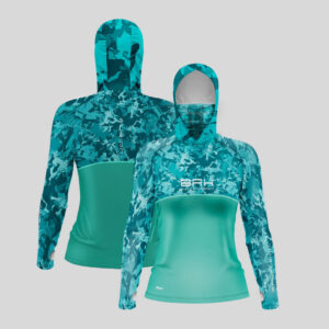 Camisa FusionX Feminina Brk Camuflada Verde Água com Capuz e Proteção UV50+