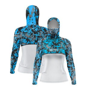 Camisa FusionX Feminina Brk Marine Camuflada Azul Branco com Capuz e Proteção UV50+