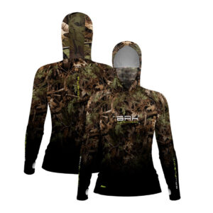 Camisa FusionX Feminina Brk Hunter Camu Floresta Preta com Capuz e Proteção UV50+