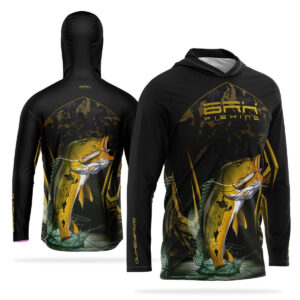 Camisa de Pesca com Capuz Brk Preta Tucunaré Amarelo com Proteção Solar UV50+