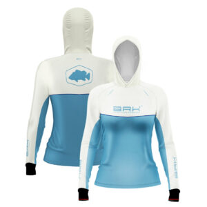 Camisa de Pesca Feminina Brk com Capuz Hybrid Bege com Azul com Proteção Solar UV50+ Envio Imediato