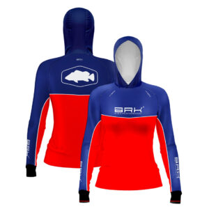 Camisa de Pesca Feminina Brk com Capuz Hybrid Red Blue Fishin com Proteção Solar UV50+ Envio Imediato