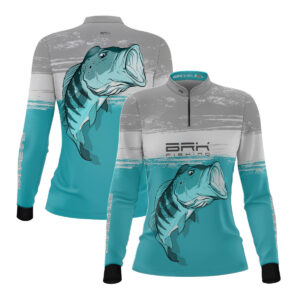 Camisa de Pesca Feminina Brk Branca e Ciano Tucunaré Azul com UV50+