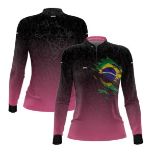 Camisa Feminina Agro Brk Camuflado Preto e Rosa Bandeira do Brasil com Proteção Solar UV50+