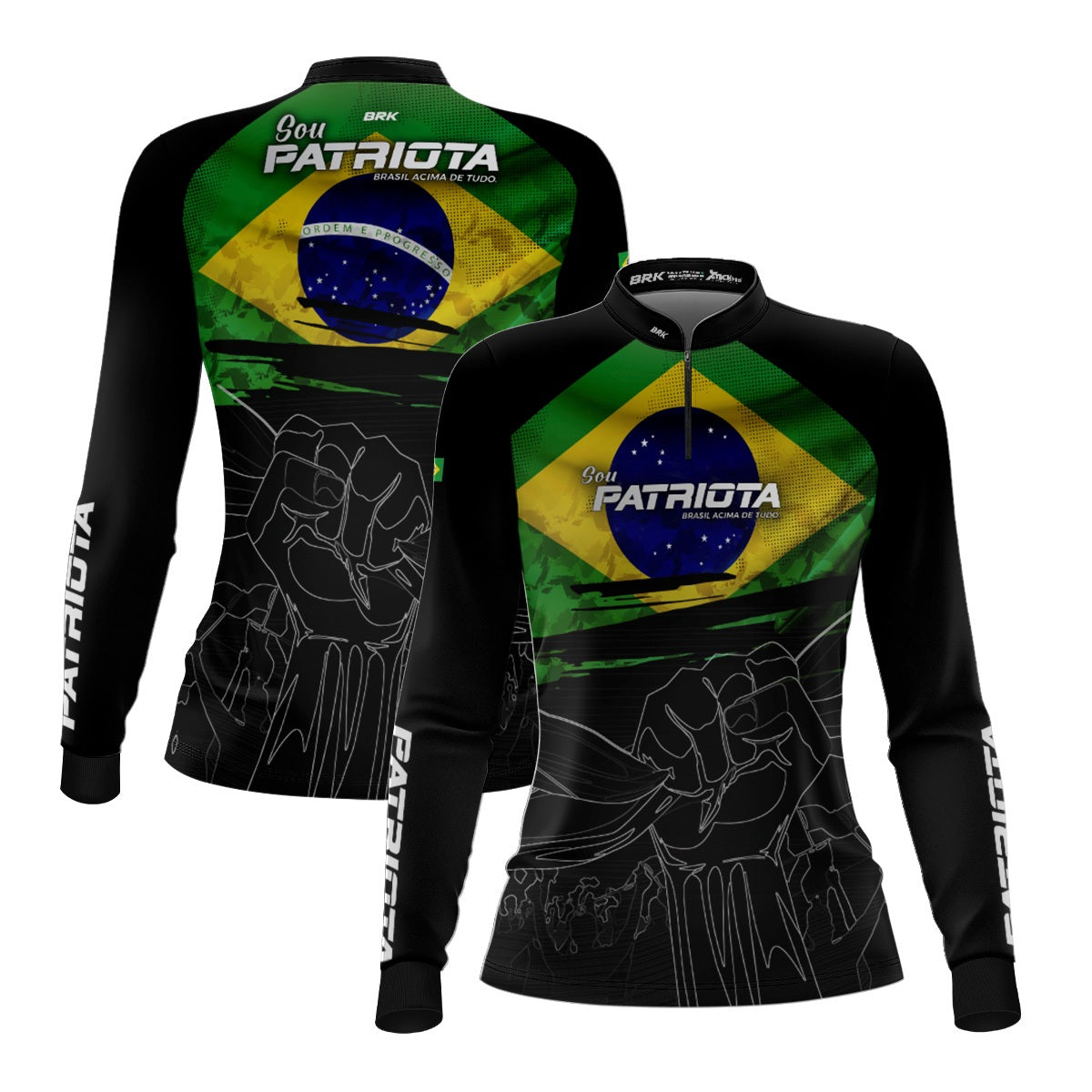 Camisa Agro Feminina Brk Básica Patriota Preta Bandeira do Brasil com Proteção UV50+