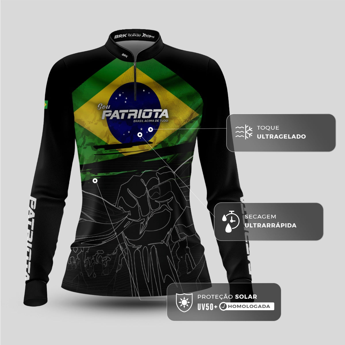 Camisa Agro Feminina Brk Básica Patriota Preta Bandeira do Brasil com Proteção UV50+ - Imagem 4