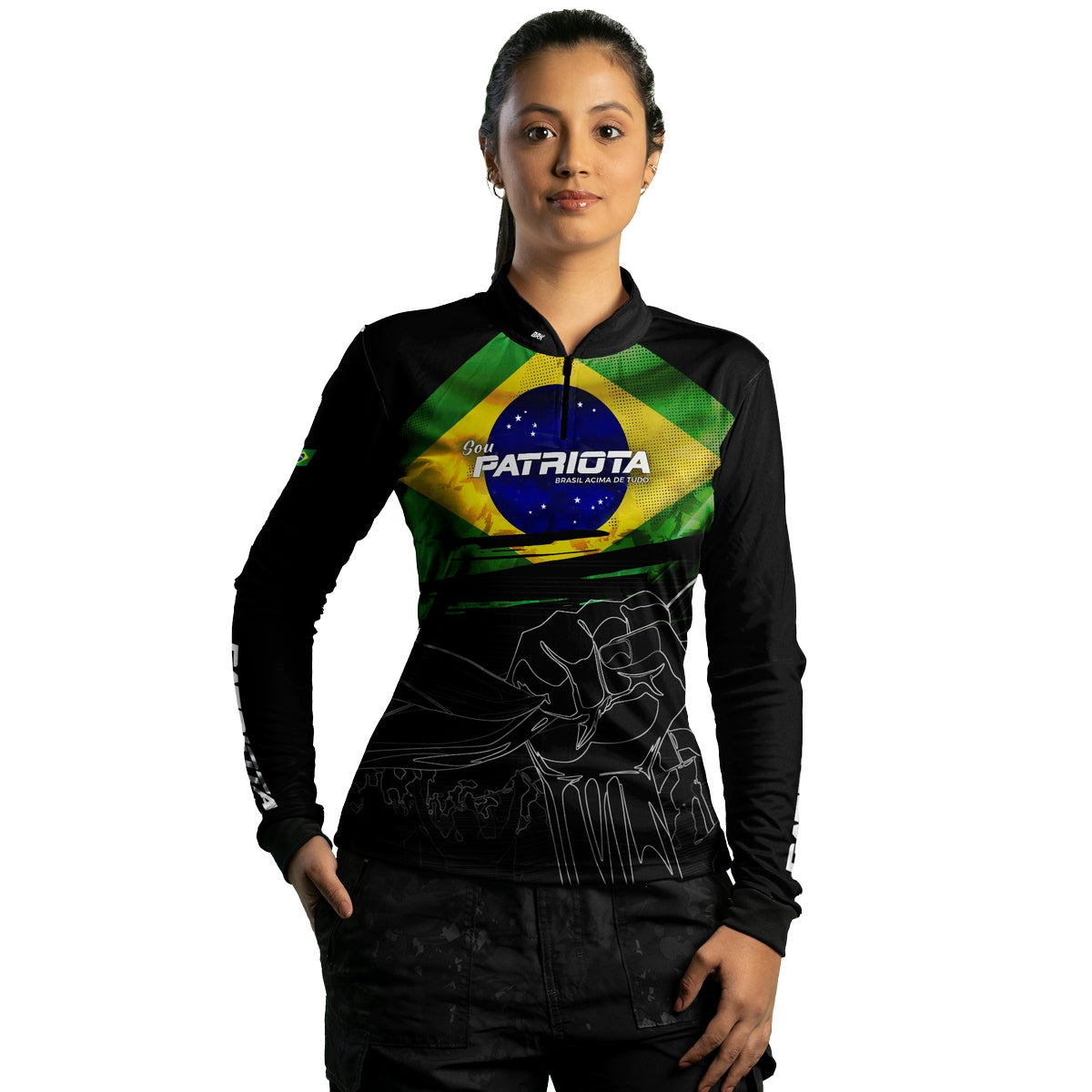 Camisa Agro Feminina Brk Básica Patriota Preta Bandeira do Brasil com Proteção UV50+ - Imagem 6