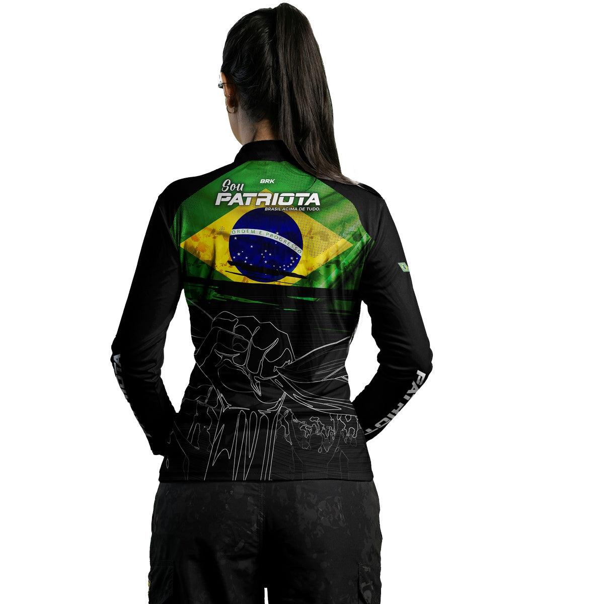 Camisa Agro Feminina Brk Básica Patriota Preta Bandeira do Brasil com Proteção UV50+ - Imagem 7