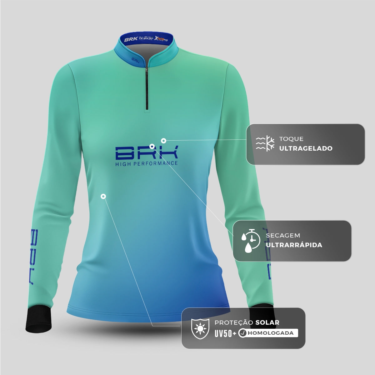 Camisa Agro Feminina Brk Azul e Verde com Proteção Solar UV50+ - Imagem 4