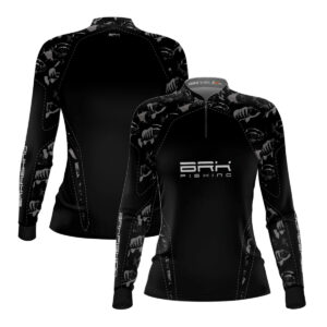 Camisa Feminina de Pesca  Brk Fishing Peixes Preto e Branco com Proteção UV50+