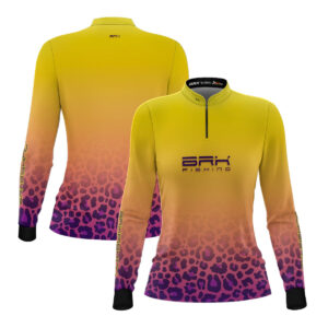 Camisa Feminina de Pesca  Brk Fishing Onça Amarelo e Roxo com Proteção UV50+