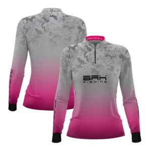 Camisa Feminina de Pesca  Brk Branca e Rosa Camuflada com Proteção Solar UV50+