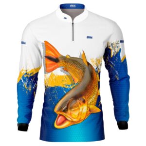 Camisa de Pesca Brk Azul e Amarelo Peixe Dourado com UV50+