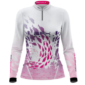 Camisa Feminina de Pesca  Brk Branca Cardume Rosa com Proteção UV50+