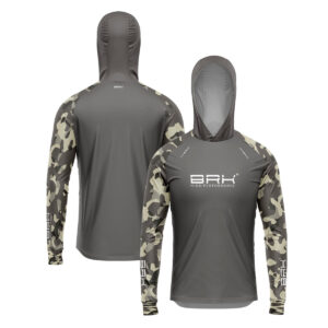 Camisa de Pesca Brk com Luva e Capuz Hybrid Camuflada Cinza e Verde com Proteção Solar UV50+