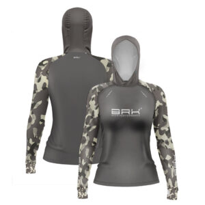 Camisa de Pesca Feminina Brk com Luva e Capuz Hybrid Camuflada Cinza e Verde com Proteção Solar UV50+