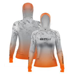 Camisa de Pesca Feminina Brk com Luva e Capuz Hybrid Camo Laranja com Proteção Solar UV50+