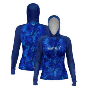 Camisa de Pesca Feminina Brk com Luva e Capuz Hybrid Camo Azul com Proteção Solar UV50+
