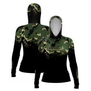 Camisa de Pesca Feminina Brk com Luva e Capuz Hybrid Camuflada Verde com Proteção Solar UV50+