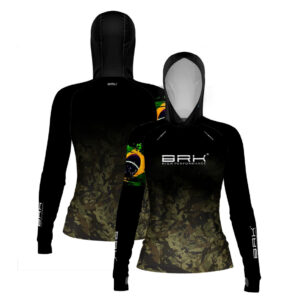 Camisa de Pesca Feminina Brk com Luva e Capuz Hybrid Camuflado Preto e Bege com Proteção Solar UV50+