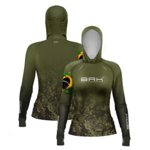 Camisa de Pesca Feminina Brk com Luva e Capuz Hybrid Camuflado Verde Brasil com Proteção Solar UV50+