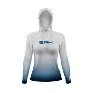 Camisa de Pesca Feminina com Capuz Brk Branco Camuflado e Azul com Proteção Solar UV50+
