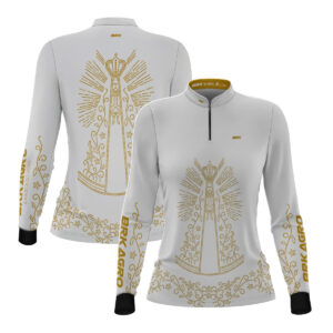 Camisa Feminina Agro Brk Nossa Senhora Strass Branca com Proteção Solar UV50+