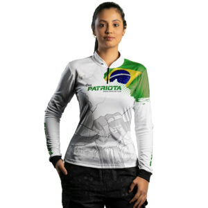 Camisa Agro Feminina Brk Básica Patriota Bandeira do Brasil Branca com Proteção UV50+