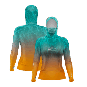 Camisa FusionX Feminina Brk Deep Azul Laranja com Capuz e Proteção Solar UV50+