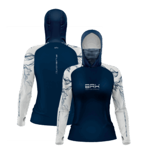Camisa FusionX Feminina Brk Deep Azul Detalhe Folhas com Capuz e Proteção Solar UV50+