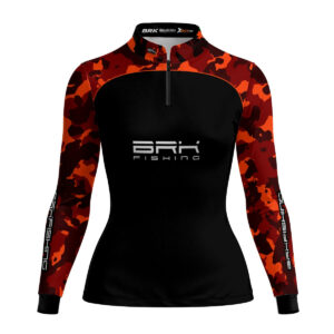Camisa Feminina de Pesca  Brk Preta e Laranja Camuflada com UV50+