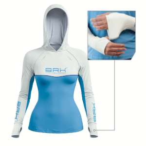 Camisa de Pesca Feminina Brk com Capuz Hybrid Bege com Azul com Proteção Solar UV50+