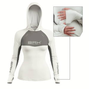 Camisa de Pesca Feminina Brk com Capuz Hybrid Cinza Bege com Proteção Solar UV50+