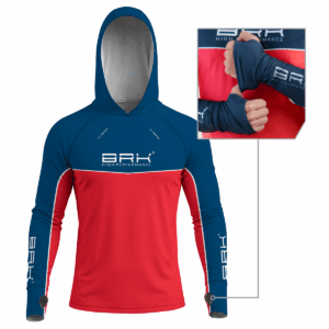 Camisa de Pesca Brk com Capuz Hybrid Red Blue Fishin com Proteção Solar UV50+