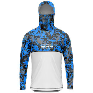 Camisa FusionX Brk Marine Camuflada Azul Branco com Capuz e Proteção UV50+ Envio Imediato