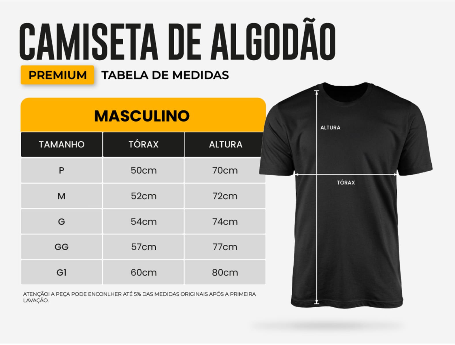 Tabela de medidas Camiseta Fishing Premium Algodão 100%